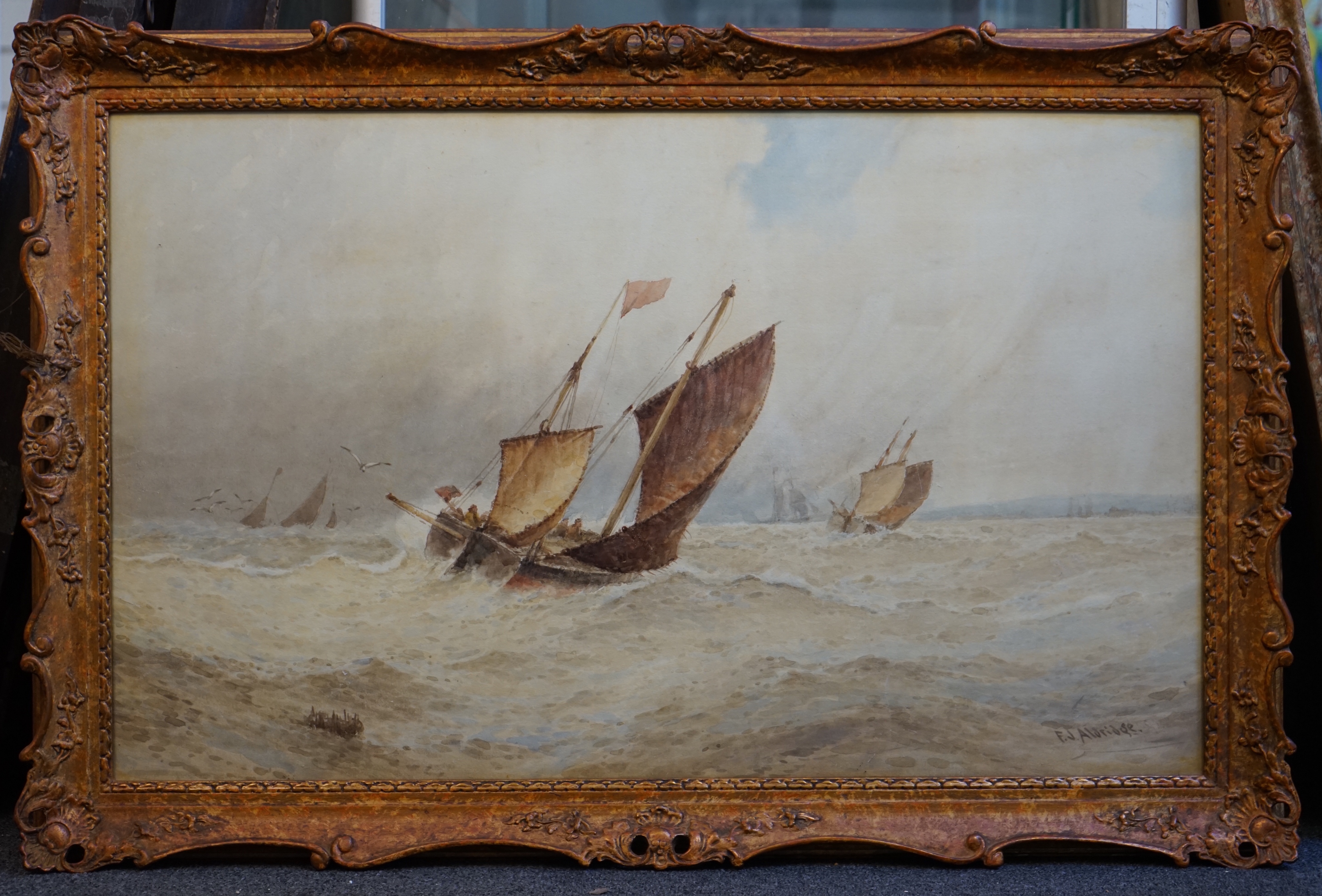 Frederick James Aldridge (1850–1933), Fishing boats at sea, watercolour, 46 x 75cm